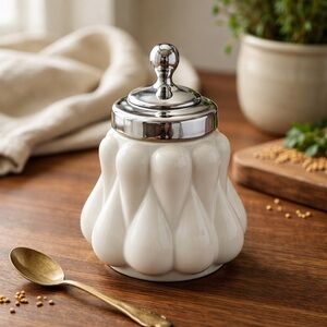 Vintage Fenton Teardrop Milk Glass Mustard Jar with Silver Lid (no spoon)